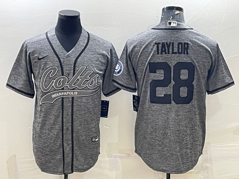 Men's Indianapolis Colts #28 Jonathan Taylor Gray With Patch Cool Base Stitched Baseball Jersey